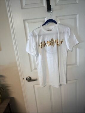 White Short Sleeve Tee with Gold Graphic